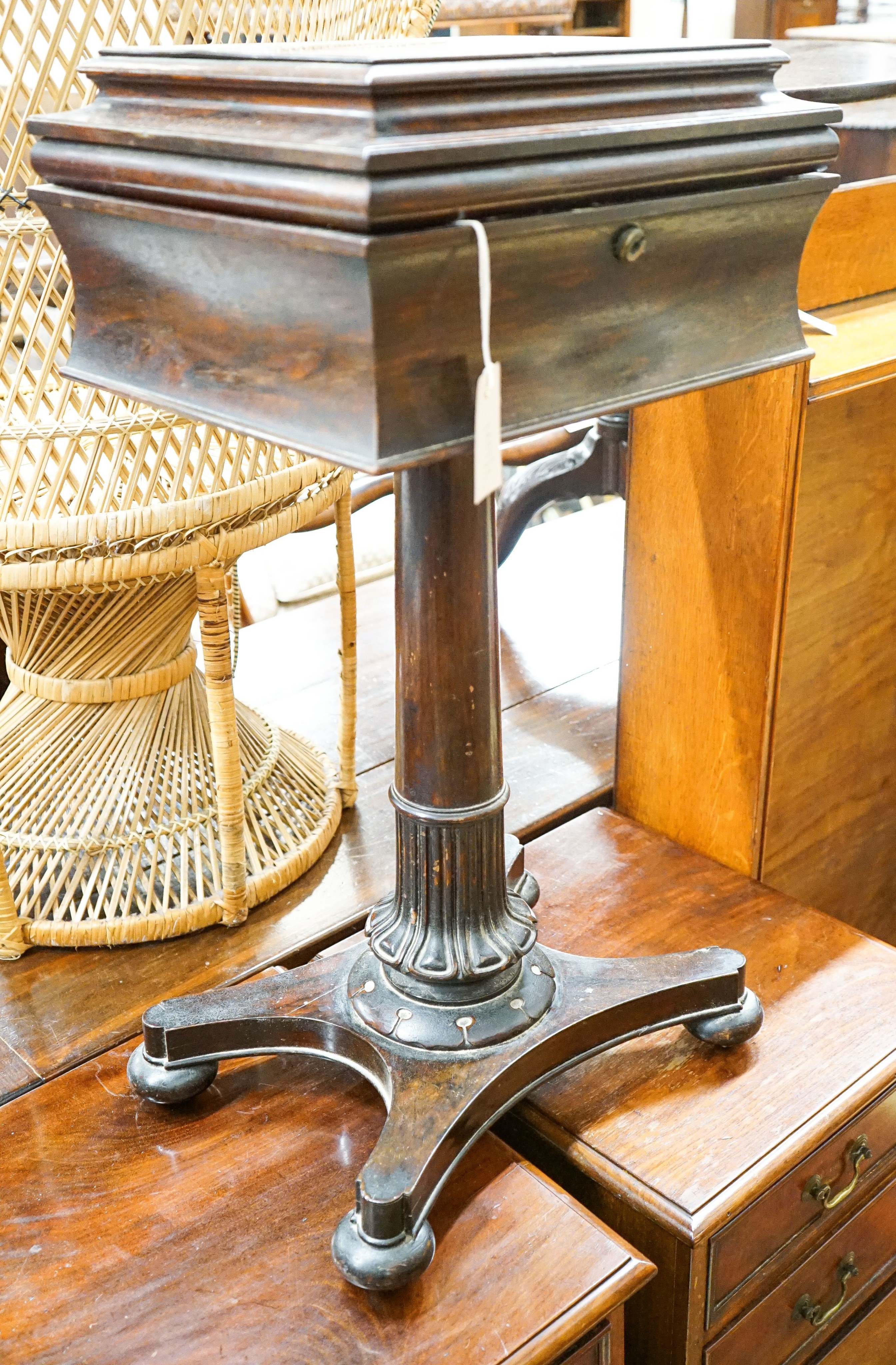 A William IV rosewood teapoy converted to a work box, width 44cm, depth 34cm, height 79cm